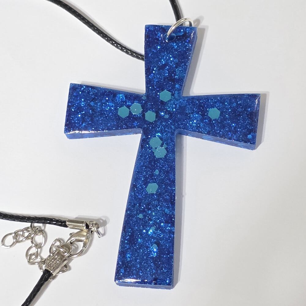 Blue Glitter Cross Pendant Necklace Handmade Resin Christian Jewelry Cord Chain